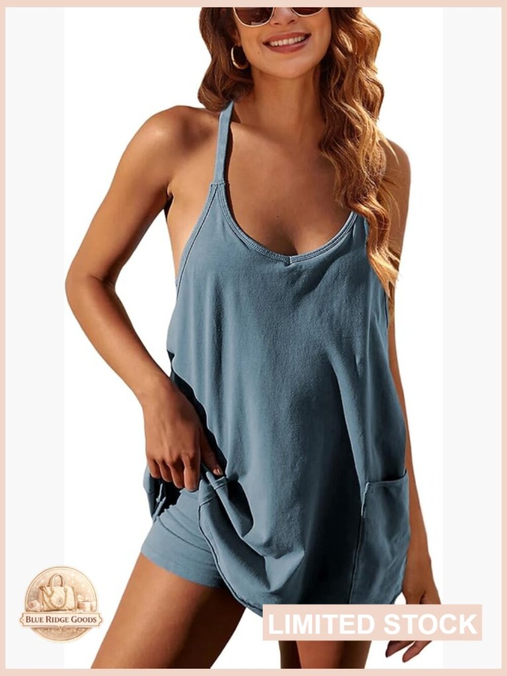 Athletic Sleeveless Mini Dress with Built-in Shorts V Neck Spaghetti Strap